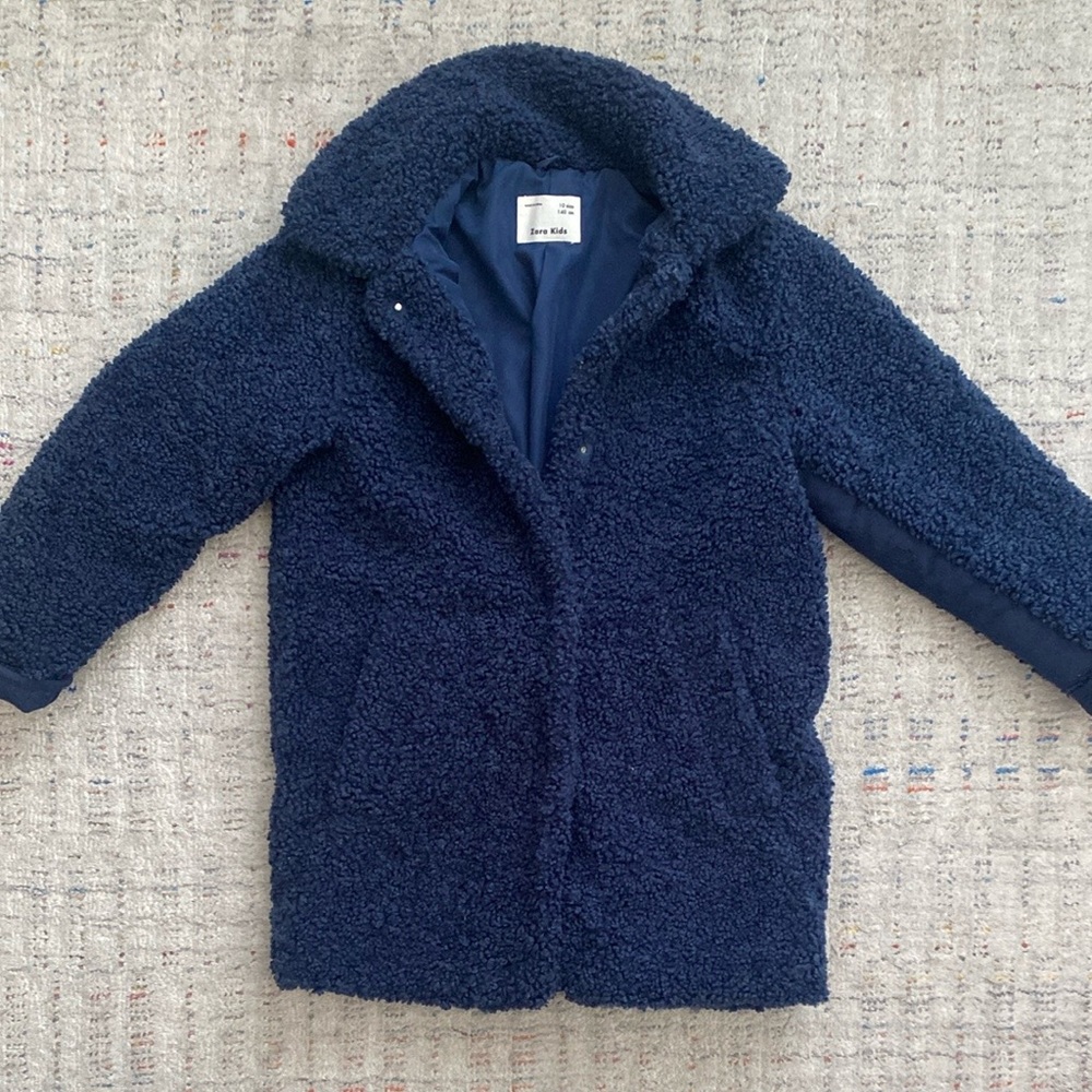 Zara Teddy shearling Boucle Navy Blue Kids coat size 10
